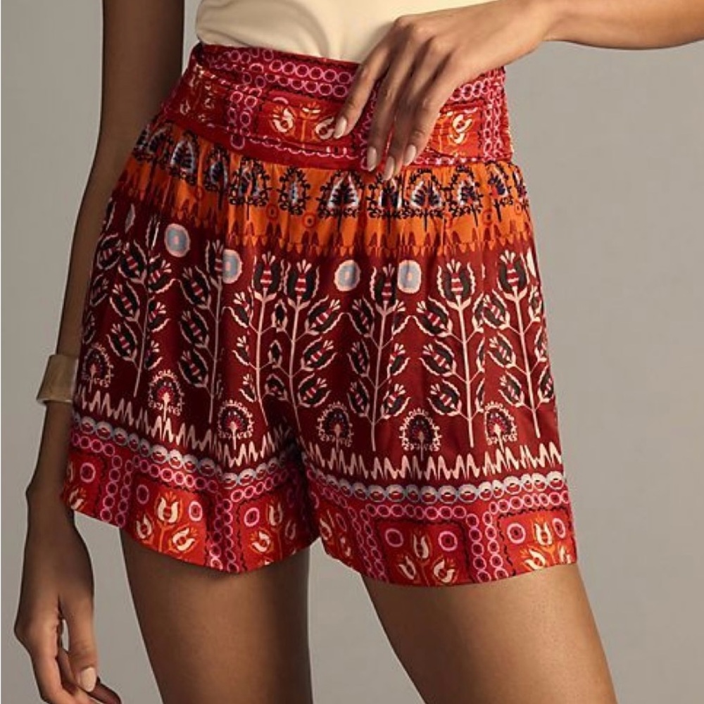 Anthropologie Ruched Wide-Leg Shorts Bohemian Red Patterned